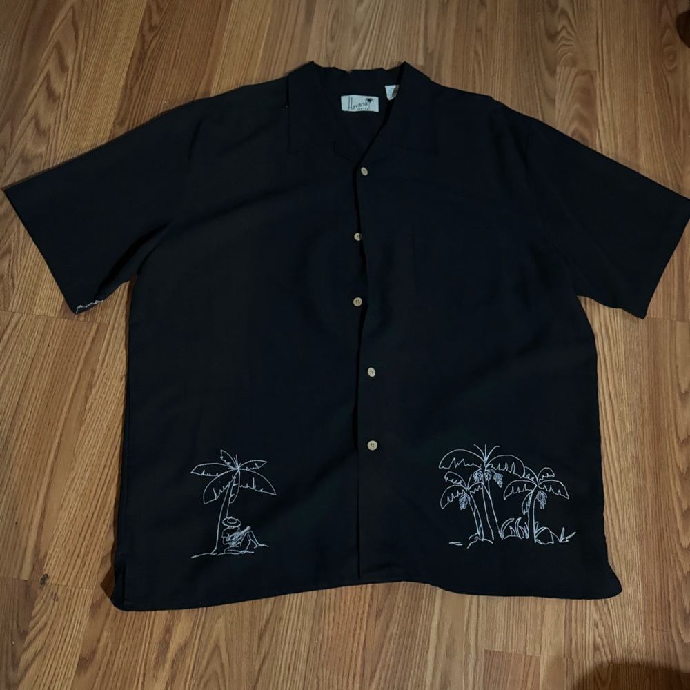 Havana Shirt Co Black Embroidered Stitched‎ Palm Trees Hawaiian Top Resortwear